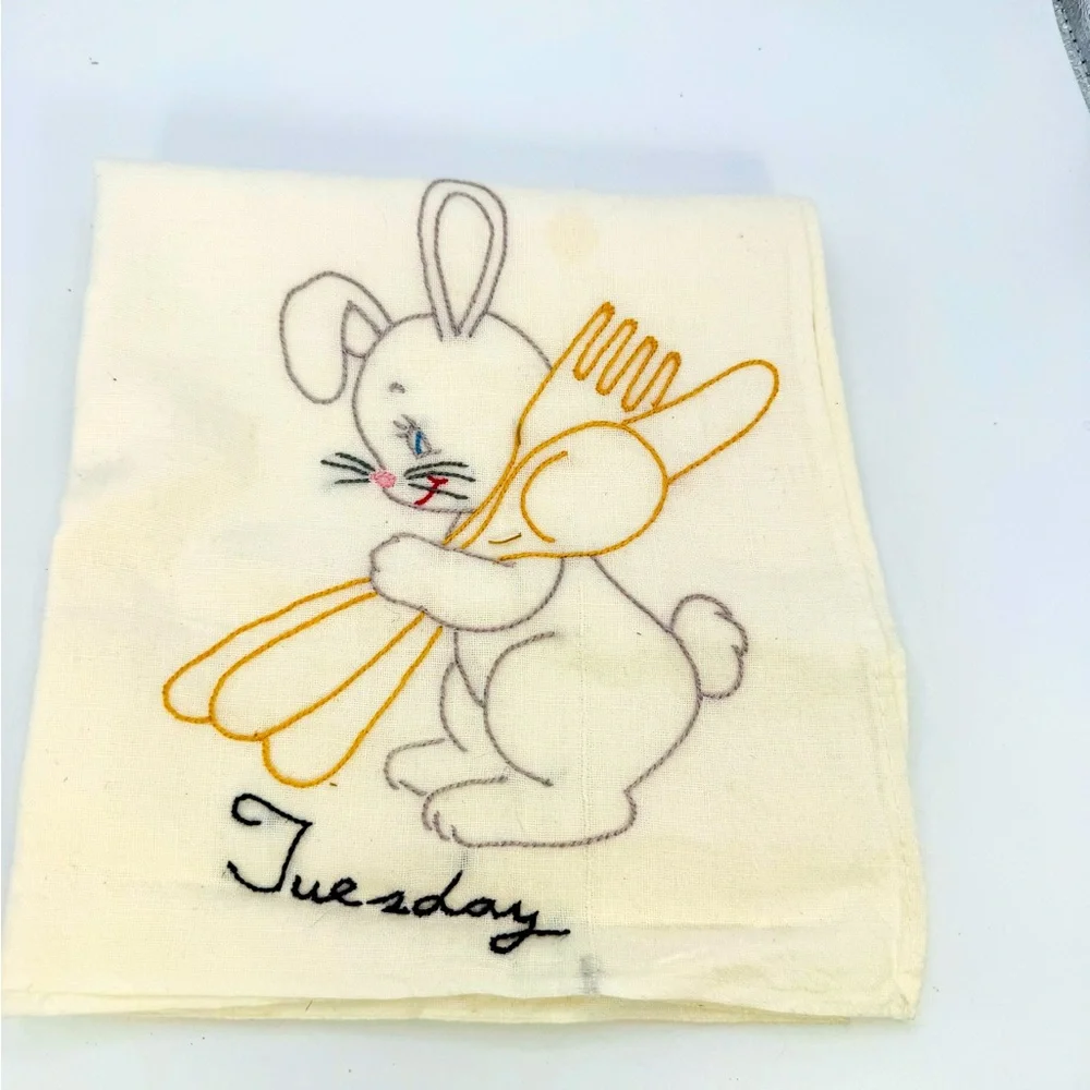 VTG Hand Embroidered Tea Towel Bunny Rabbit Tuesday